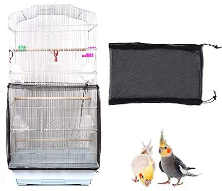 TSHAOUN Vogelkäfig Abdeckung, Mesh Seed Catcher für Vogelfutter Kleintiere, Vogelkäfig Schutznetz Mesh Rock mit Verstellbaren Kordelzug, Käfigabdeckung Belüftet für Vogelfutter Kleintiere(L, Schwarz)