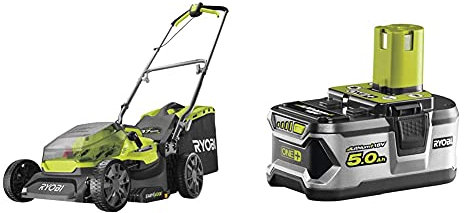 Ryobi RY18LM37A-140 18V ONE+ Cordless 37cm Lawnmower Starter Kit (1 x 4.0Ah) Amazon Exclusive & RB18L50 ONE+ Lithium+ 5.0Ah Battery, 18 V