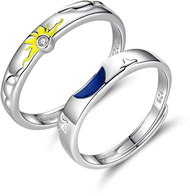 Banemi Pärcheb Ringe, Ring Sterling Silber 925 Sonne und Mond Weiß Runden Zirkonia Gravieren Offen Verstellbar Geburtstagsgeschenke Ringe