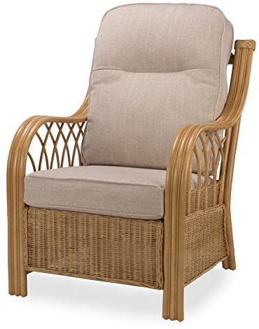Desser Viola Rattan Conservatory Chair – Fully Assembled Armchair with Biscuit Fabric – Indoor Luxury Real Cane Wicker Light Oak with UK Made Cushions - H107cm x W69cm x D87cm