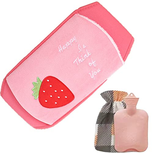 VIONNPPT Set of 3 Fruit Pattern Hot Water Bottle with Cover, 1 L Rubber Water Bag, Hot Water Bottle Bag for Children Adults (Pink Strawberries)
