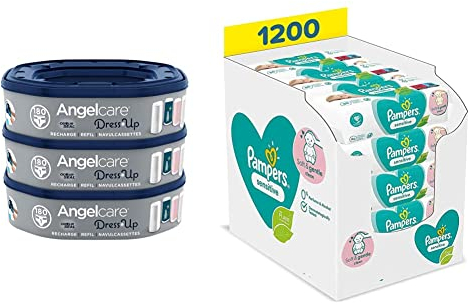 Angelcare Dress Up Octagon-Nachfüllpackung, für Becken, Menge frei wählbar 3 Stücke & Pampers Sensitive Baby Feuchttücher, 1200 Tücher (15 x 80) ohne Duft, für eine sanfte und weiche Reinigung