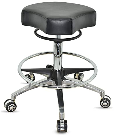 VAKON SALON - Design ergonomischer Rollhocker auf Rollen Schwarz - Höhenverstellbarer von 55 bis 75 cm mit Fußring - Drehhocker Arbeitshocker Praxishocker