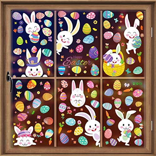 AhfuLife Fensterbilder Ostern, 9 Blätter Selbstklebend Fenstersticker Oster Aufkleber, Fensterdekoration Frühling Hasen Küken Ostereie Wiederverwendbar für Kinderzimmer Ostern Deko (Stil 2)