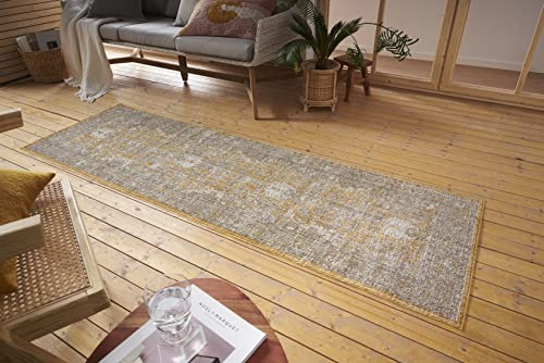 Nouristan Luxor In- & Outdoor Teppich Orient – Orientalischer Flachgewebe Vintage Used Look Waschbar Wetterfest & UV-beständig für Balkon, Terrasse, Garten, Wohnzimmer – Gold, 75x200cm