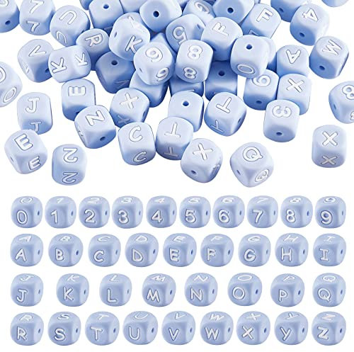BEEFLYING 108 Pieces Blue Cube Letter Silicone Beads 0-9 Number Square Dice Initial Alphabet A~Z Large Hole Loose Spacer Beads for Bracelet Necklace Jewelry Making Decoration