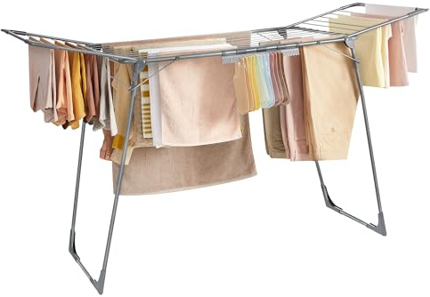 SONGMICS Clothes Drying Rack Foldable, Gullwing Laundry Drying Rack, Space-Saving, 22.2 x 68.1 x 38 Inches, Sock Clips, Metal Structure, for Clothes, Towels, Linens, Indoor, Outdoor Gray ULLR518G01