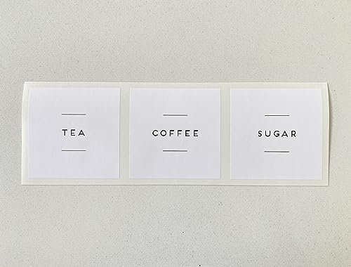 Set of 3 Tea, Coffee & Sugar Labels, White Square Labels for your Own Canisters, Jars, Waterproof, Minimalist Labels for Home Organisation