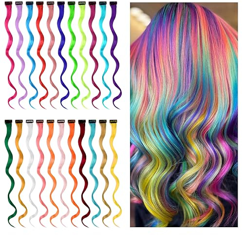 Aomig Haarsträhnen zum Einflechten, 22 PCS Haarsträhnen zum Einklipsen, 22 Zoll Locken Bunte Haarsträhnen für Mädchen Frauen, Regenbogen Farbige Haarverlängerungen Clip für Party Zubehör Haarteile