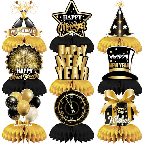 9 Stück Neujahr Tischdekorationen, LMSHOWOWO Frohes Neues Jahr Bienenwabe Mittelstücke Tischdekorationen, Party Tischaufsätze für Silvester Deko 2026 Neujahr Party Zubehör
