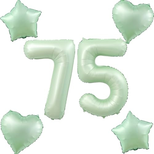 Olive Grün Luftballons Zahl 75+4 pcs herz/stern Folienballon Zahl 75 .Geburtstag frau mädchen,75 Riesenzahl Ballons 75 .geburtstagsdeko mann,Zahlenballon 75, Helium Ballons 75 Zahlen Luftballon
