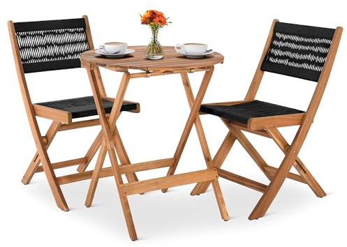 Balkon-Set, Bistrotisch mit 2 Stühlen, 3-TLG. Akazie Natur geölt, Rope, kompaktes Terrassen- und Gartenmöbel-Set, Tisch 60 cm Durchmesser, für 2 Personen, Lanzarote, in Schwarz