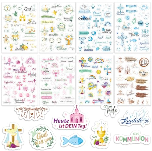 DPKOW Taufe Konfirmation Kommunion Sticker Set 227stk, Gästebuch Sticker Taufe Kommunion Konfirmation Aufkleber Scrapbook Karten Deko Fotoalbum Kommunion Taufe Konfirmation Mädchen Jungen Kinder