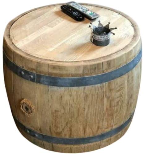 Fass-Schmiede Weinfass Couchtisch bauchig mit Holzplatte (Rustikal) | Bauchiger Couchtisch aus dem Mittelteil eines Barriquefasses mit Eichenholzplatte, Spundloch mit Holzstopfen verschlossen