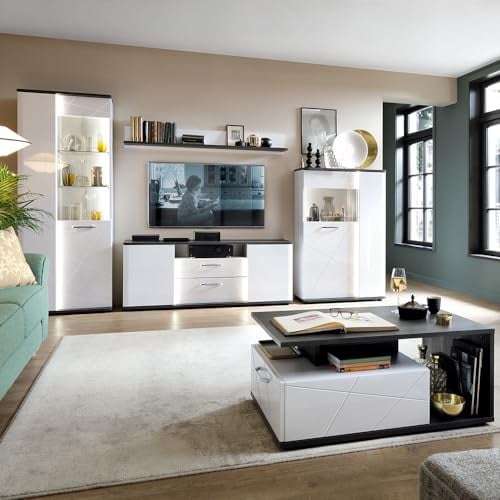Wohnwand Wohnmöbel Set weiß 5-teilig Modern, 1 Vitrine, 1 Wandboard, 1 Lowboard, 1 Highboard, 1 Couchtisch inkl. Beleuchtung