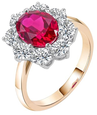 Wycian Ringe Frauen Mit Gravur, Ring Rot Stein 9 Karat Gelbgold 9K Blume Größe 63 (20.1) Im Labor Erstellter Rubin Ovalschliff Rot Gravur Valentinstag