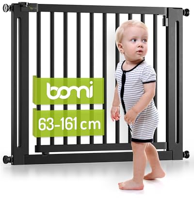 BOMI Baby Treppenschutz Miko PEFC geprüftes Buchenholz | Ohne Bohren | 90° Stop | Treppenschutzgitter zum Klemmen in Holz | Kindergitter treppe ohne Bohren Nicht Metall | Breite: 153-161 cm