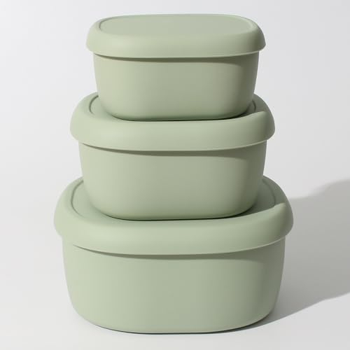 Hooolee® 3 Stück Bento Box aus Silikon, Lunchbox Frischhaltedosen Aufbewahrungsbehälter mit Deckel Brotdose Behälter für Mikrowelle und Gefrierschrank Meal Prep Box, 200ml/300ml/600ml (Salbei Grün)