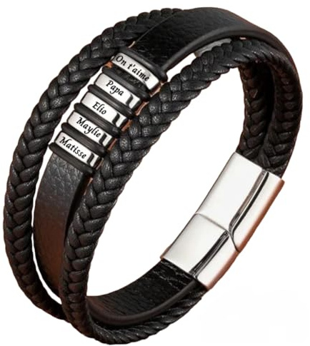 Lyly'S Bracelet personnalisé fête des pères acier inoxydable 1-5 prénoms cadeau anniversaire papa famille (Modèle F)