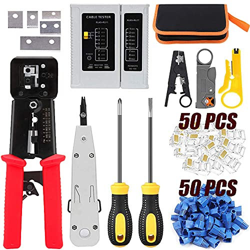 MAYLINE Kit de herramientas de crimpado para cables de red RJ45 para pasar CAT6 Cat5e Cat5 conectores de paso CAT6 RJ11 TJ12 pelacables alicates de corte de alambre 50 Conectores (Rojo)