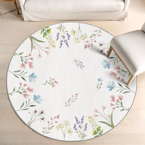 Artoid Mode Alfombra de primavera redonda de 120 cm, diseño de margaritas, flores, hojas y plantas, para verano, suave, antideslizante, para cocina, salón, decoración