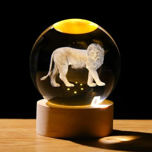 Kristall-Kugel, 3D-Löwe, 6 cm, Geschenke für ihn, Ehemann, Sammlerstück, Glas-Tierkunstkugel für Zimmer, mit Holz-Lichtsockel, Andenken für Löwen-Liebhaber, Heimdekoration, Briefbeschwerer