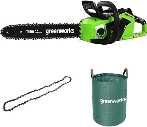 Greenworks Motosega a Batteria con Motore Brushless, Lunghezza Barra 40cm, SENZA Batteria 40V e Caricabatterie + Greenworks 40cm Catena + Greenworks Sacco da giardinaggio da 120l