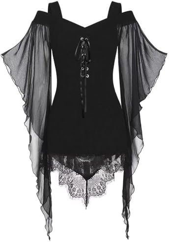 HAOLEI Gothic Women's Renaissance Fairy Costume - Medieval Short Corset Dress - Black Vintage Lace Mesh Off The Shoulder A-line Mini Dress With Puff Sleeves