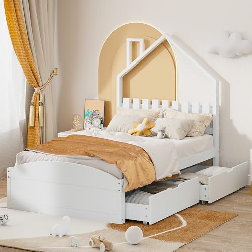 WIZBED Kinderbett mit 2 Schublade 90x200, Kinder Hausbett, Holz Baumhausbett mit Lattenrost, Einzelbett Spielbett für Jungen & Mädchen,weiß,ohne Matratz