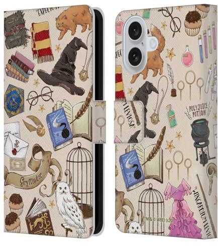Head Case Designs Officially Licensed Harry Potter Hogwarts Pattern Deathly Hallows XXXVII Leather Book Wallet Case Cover Compatible With Apple iPhone 16