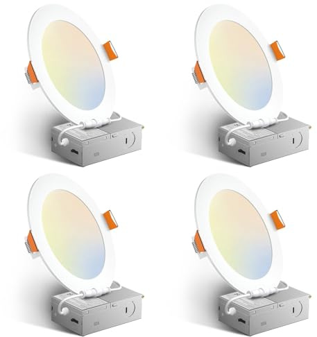 Amico 4 Pack 6 Inch 5CCT Ultra-Thin LED Recessed Ceiling Light with Junction Box, 2700K/3000K/3500K/4000K/5000K Selectable, 12W Eqv 110W 1050LM Brightness Dimmable Canless Wafer Downlight, ETL & FCC