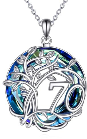 YFN 70th Birthday Gift 925 Sterling Silver Tree of Life Pendant Blue Crystal Jewellery 70th Necklace for Women Men Mum Dad