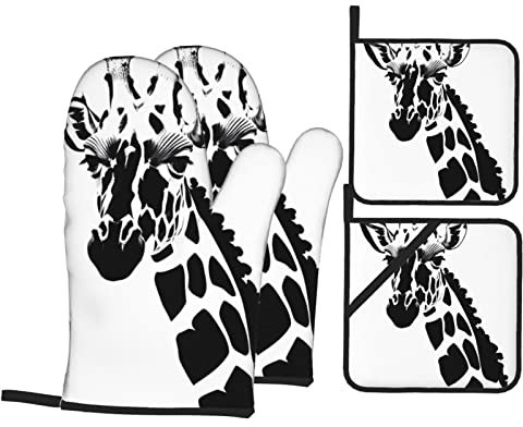 YYHHAOFA Ensemble de 4 pièces de cuisson de cuisine avec imprimé girafe noire et blanche – Manique isolante et manique épaisse et durable