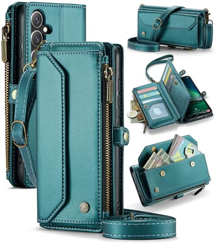 FONREST Étui portefeuille en cuir pour Samsung-Galaxy-S24-FE, étui portefeuille à rabat magnétique avec béquille blocage RFID, emplacements pour cartes, fente pour espèces, poche zippée, dragonne,