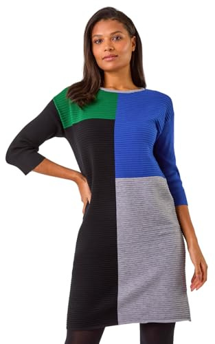 Roman Knitted Jumper Dress for Women UK - Ladies Colour Block Winter Autumn Smart Casual Office Bodycon Workwear Everyday Long Sleeve Knee Length Knit Pocket