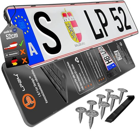 2 Kennzeichenhalter Rahmenlos Österreich - für at 52x12cm - Kennzeichenhalterung Auto [dezent & sicher] - Nummernschildhalterung Nummernschildhalter Kennzeichen Halterung für KFZ PKW - schwarz