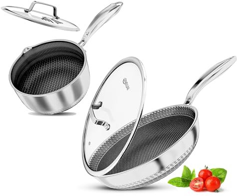 Stainless Steel Cookware Pan Sets – Non-Stick, GREBLON® Ceramic, Compatible with All Stoves (Including Induction), Dishwasher Safe, Removable Stay-Cool Handle