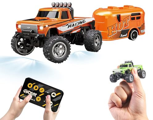 Mini 2.4g Rc Truck, 1:64 Camión Rc Controlado con Juguete De Remolque, USB Recargable con Luces De Cuerpo Y Faros Rc Truck Juguete, Regalos para Niños Adultos Navidad Cumpleaños (Naranja)