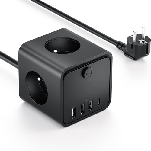 7 en 1 Multiprise USB Multiple avec 3 Prises Française Multiple avec 1 Type C et 3 Ports USB, Multiprise avec Interrupteur Parafoudre pour Domicile, Bureau, 2M