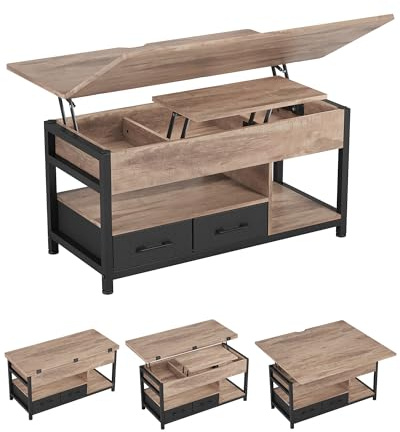 Couchtisch Höhenverstellbar, 3-in-1-Multifunktions-Wohnzimmertisch, Couchtisch mit 2 Schublade, Kaffeetisch, Versteckter Aufbewahrung, Offenes Fach, Als Esstisch nutzbar, für Wohnzimmer, Khakibraun