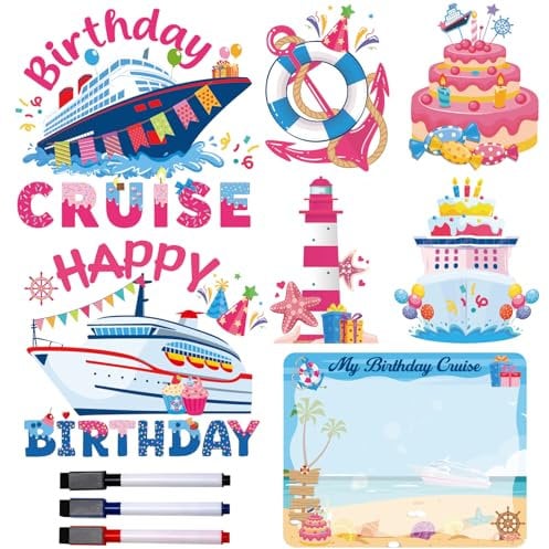 JoyAura Birthday Cruise Door Magnets - 7 Pcs Pink Happy Birthday Magnet Stateroom Decorations Magnetic Ship Cabin Stickers Carnival Decals Party Decor with Pens Car Refrigerator Accessories for Girl