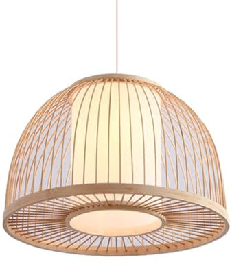 HAIIQU Lustre Cage en Bambou avec Abat-Jour en Faux Parchemin Suspension De Couloir en Osier De Bambou De Style Chinois Plafonnier Creux Suspendu en Bambou Bohème