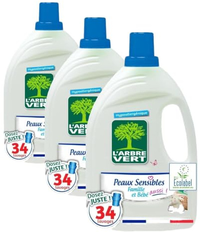 L'Arbre Vert Lessive Peaux Sensibles - Hypoallergénique - 34 Lavages - 94% d'ingrédients d'origine naturelle - 1,53L (Lot de 3)
