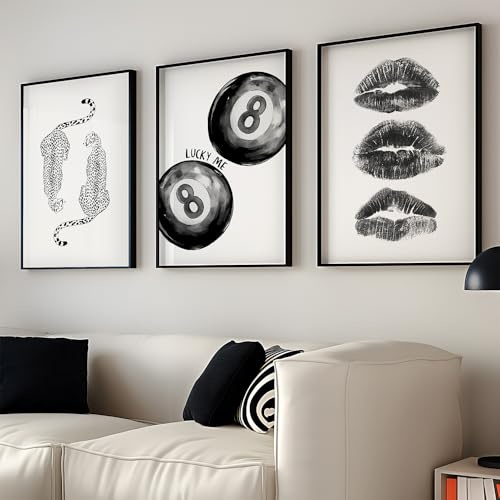 3 Bilder Billard 30X40CM Poster Leopard Schwarz Weiß 8 Kugel Bilderwand Wohnzimmer Leinwand Modern Abstrakt Bilder Lippen Poster Zimmer Deko Leinwand Wohnzimmer Modern ohne Rahmen