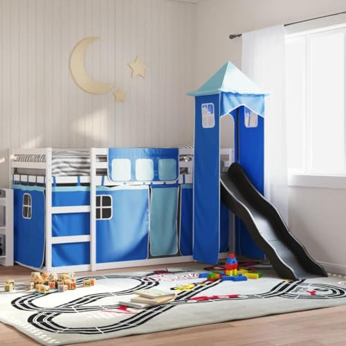 Mandloder Etagenbett mit Rutsche, Gardinen Blau, Kiefer Massivholz, 90x200 cm Kinderbett, Spielbett mit Absturzsicherung, Leiter, robuste Latten, Weiß/Anthrazit