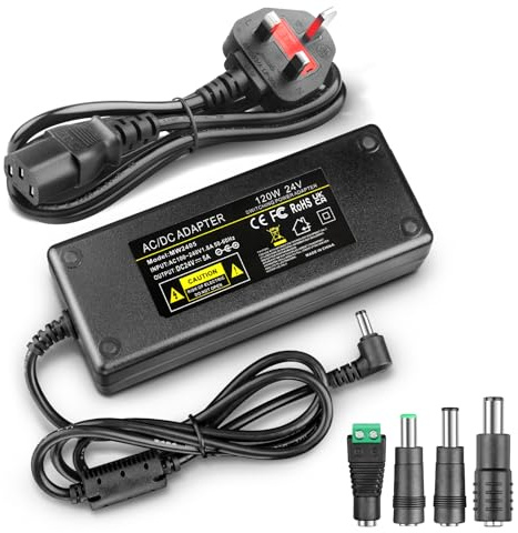 HPMN 24V 5A Power Supply AC Adapter with DC UK Plug for Security Cameras | AC 100-240V to DC 24 Volt 5Amp, 5.5×2.5mm DC UK Plug, Compatible With 5050 2835 24V LED light strip CCTV Camera LCD Monitor