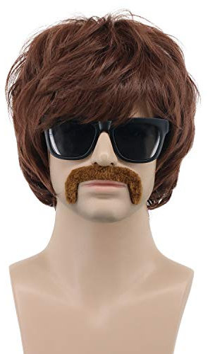 VGbeaty Herren Hippie Perücke Braun Kurz Sonny Bono Disco Sänger Perücke mit Schnurrbart tash Cosplay Kostüm Perücke