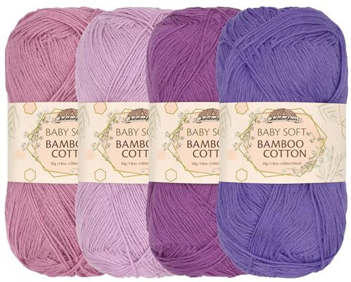 JubileeYarn Baby Soft Bamboo Cotton Yarn - 50g/Skein - Shades of Purple - 4 Skeins