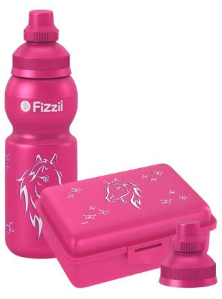 Fizzii Set Trinkflasche 330ml + Lunchbox inkl. Obst-/ Gemüsefach (schadstofffrei, spülmaschinenfest, Motiv: Mini Pferd)