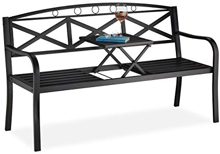 Relaxdays Gartenbank mit klappbarem Tisch, 3-Sitzer, robust, Garten, Metall Balkonbank, HBT: 87,5 x 150 x 56 cm, schwarz